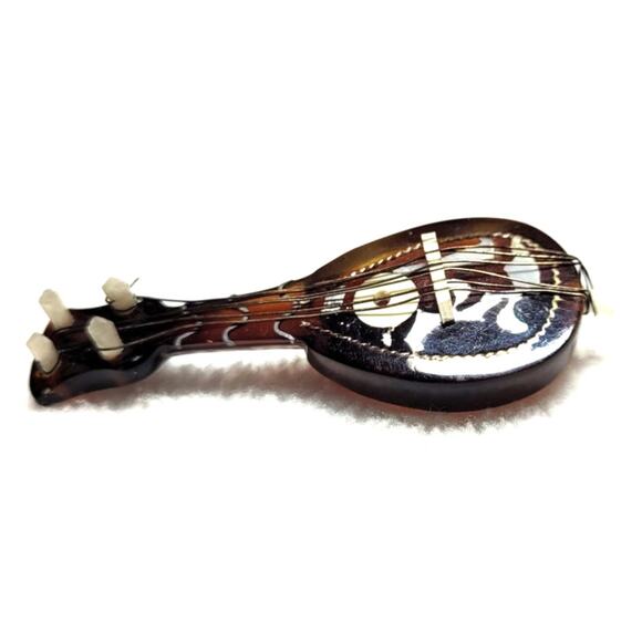 Vtg Celluloid Mandolin Brooch Faux Inlay Oriental Style Brown Tortoiseshell Look - Picture 1 of 8